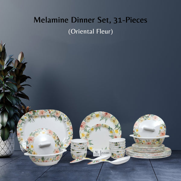Stehlen Indian Round Dinnerware, Pure melamine, 31 PC(6 Dinner Plate, 6 Quarter Plate,  6  PC 3.75 " Vegetable Bowl, 6 PC 4 " Vegetable Bowl, 2+2 Casserole, 1 Serving Spoon, 1 Platter), Melamine dinner set, Kitchen Set for home-  Oriental Fleur
