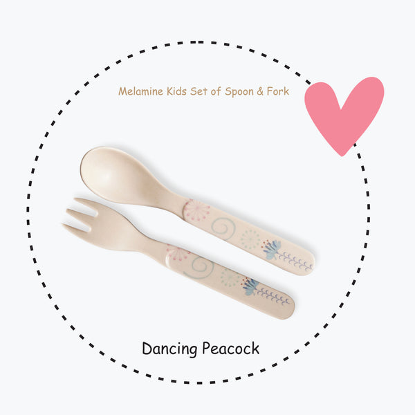 Stehlen Kids Spoon and Fork Set for Toodlers, Dinnerware Set, 100% Melamine, Dancing Peacock Spoon and Fork Set, Feeding Tableware Set for Kids, Dinner Set for Toodlers, FDA Approved, BPA Free- DANCING PEACOCK