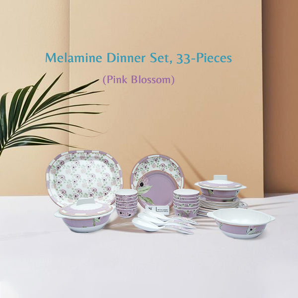 Stehlen Indian Round Dinnerware, Pure melamine, 33 PC (6 Dinner Plate, 6 Quarter Plate,  6  PC 3.75 " Vegetable Bowl, 6 PC 4 " Vegetable Bowl, 2+2 Casserole, 3 Spoon, 1 Platter, 1 Bowl), Melamine dinner set, Kitchen Set for home- Pink Blossom