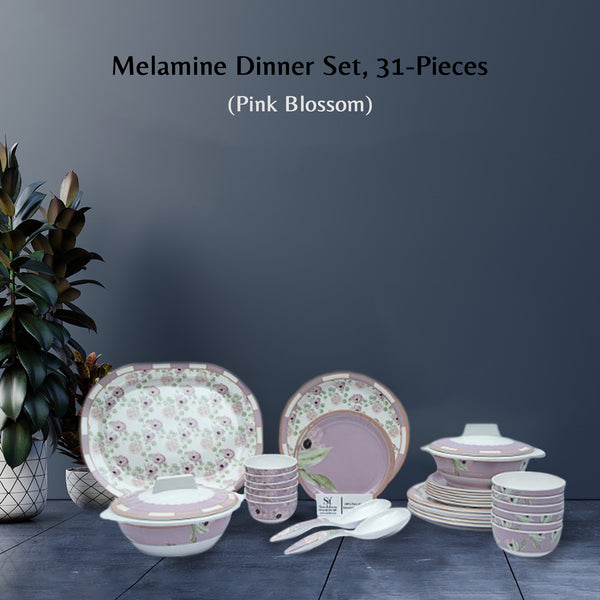Stehlen Indian Round Dinnerware, Pure melamine, 31 PC(6 Dinner Plate, 6 Quarter Plate,  6  PC 3.75 " Vegetable Bowl, 6 PC 4 " Vegetable Bowl, 2+2 Casserole, 1 Serving Spoon, 1 Platter), Melamine dinner set, Kitchen Set for home-  Pink Blossom