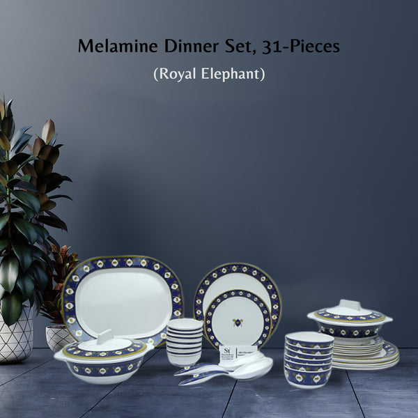 Stehlen Indian Round Dinnerware, Pure melamine, 31 PC(6 Dinner Plate, 6 Quarter Plate,  6  PC 3.75 " Vegetable Bowl, 6 PC 4 " Vegetable Bowl, 2+2 Casserole, 1 Serving Spoon, 1 Platter), Melamine dinner set, Kitchen Set for home-  Royal Elephant