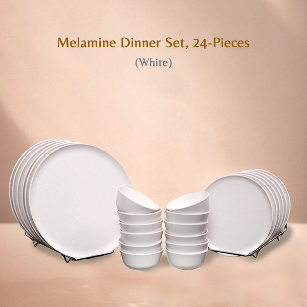 Stehlen Donna Hammered Dinnerware, Pure melamine, 24 PC (6 Dinner Plate,6 Quarter Plate, 12 pieces 4" Vegetable Bowl), Melamine dinner set, Kitchen Set for home- White