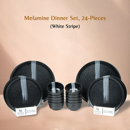 Stehlen Donna Hammered Dinnerware, Pure melamine, 24 PC (6 Dinner Plate,6 Quarter Plate, 12 pieces 4" Vegetable Bowl), Melamine dinner set, Kitchen Set for home- White Stripe