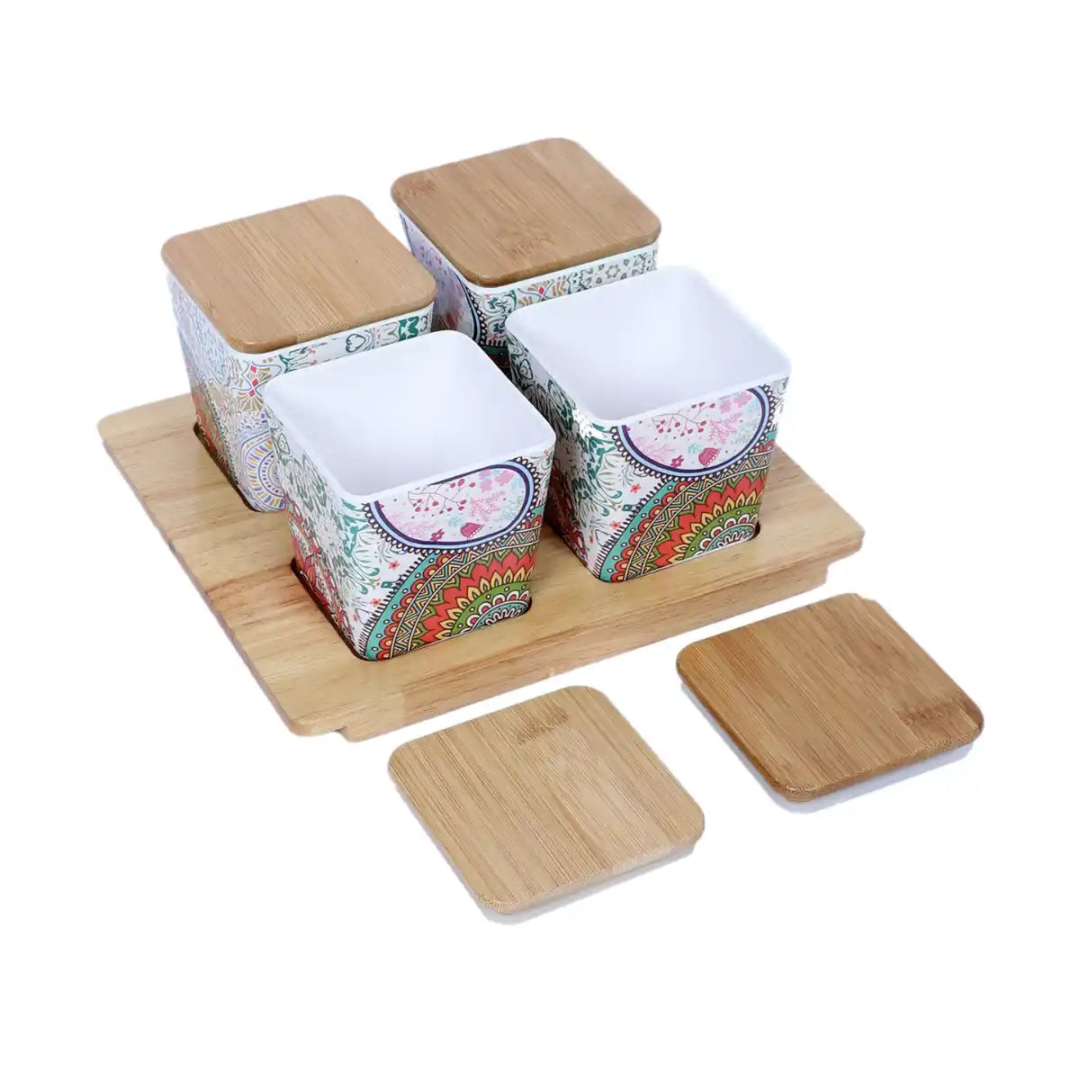 Ikkat Melamine Sleek Canister Gift Set with Wooden Lids and Designer Tray | 4-Piece Storage Collection