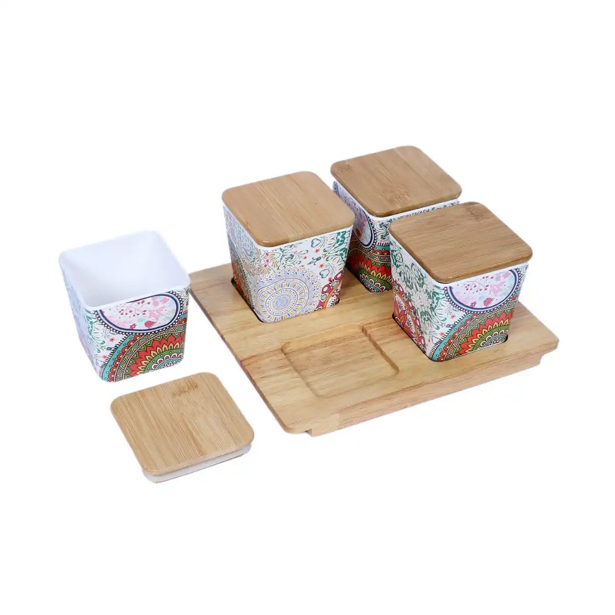 Ikkat Melamine Sleek Canister Gift Set with Wooden Lids and Designer Tray | 4-Piece Storage Collection