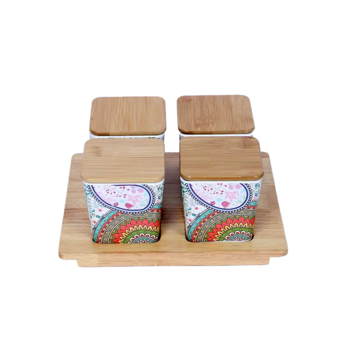 Ikkat Melamine Sleek Canister Gift Set with Wooden Lids and Designer Tray | 4-Piece Storage Collection