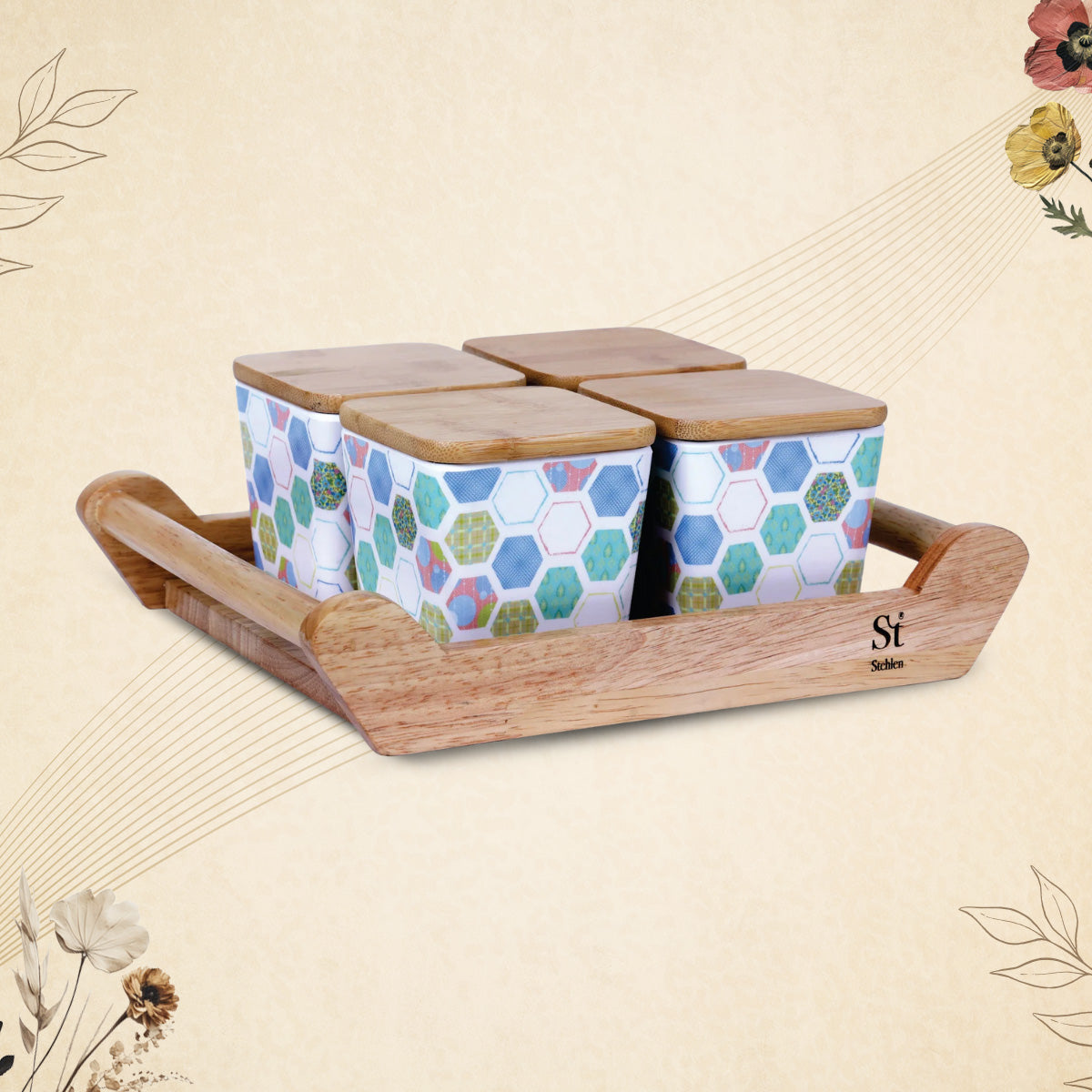 Stehlen 100% Pure melamine 4 pcs wooden lid canister set with wooden tray,SET OF 5- Hive