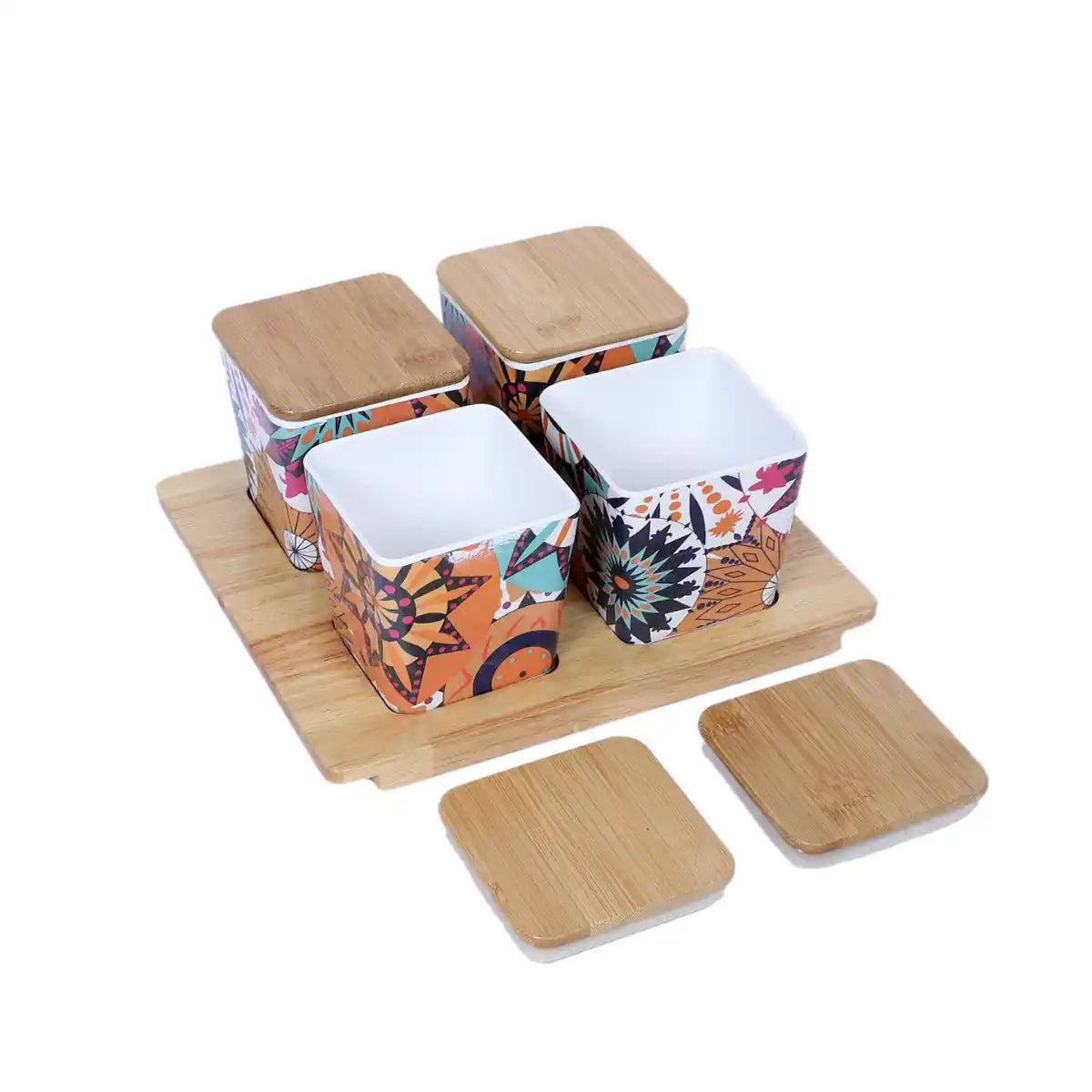 Moroccan Melamine Sleek Canister Gift Set with Wooden Lids and Tray | 4-Piece Kitchen Storage Collection