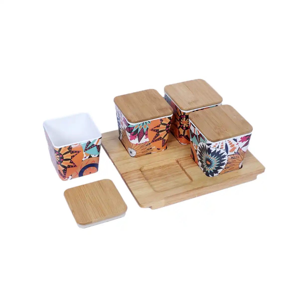 Moroccan Melamine Sleek Canister Gift Set with Wooden Lids and Tray | 4-Piece Kitchen Storage Collection