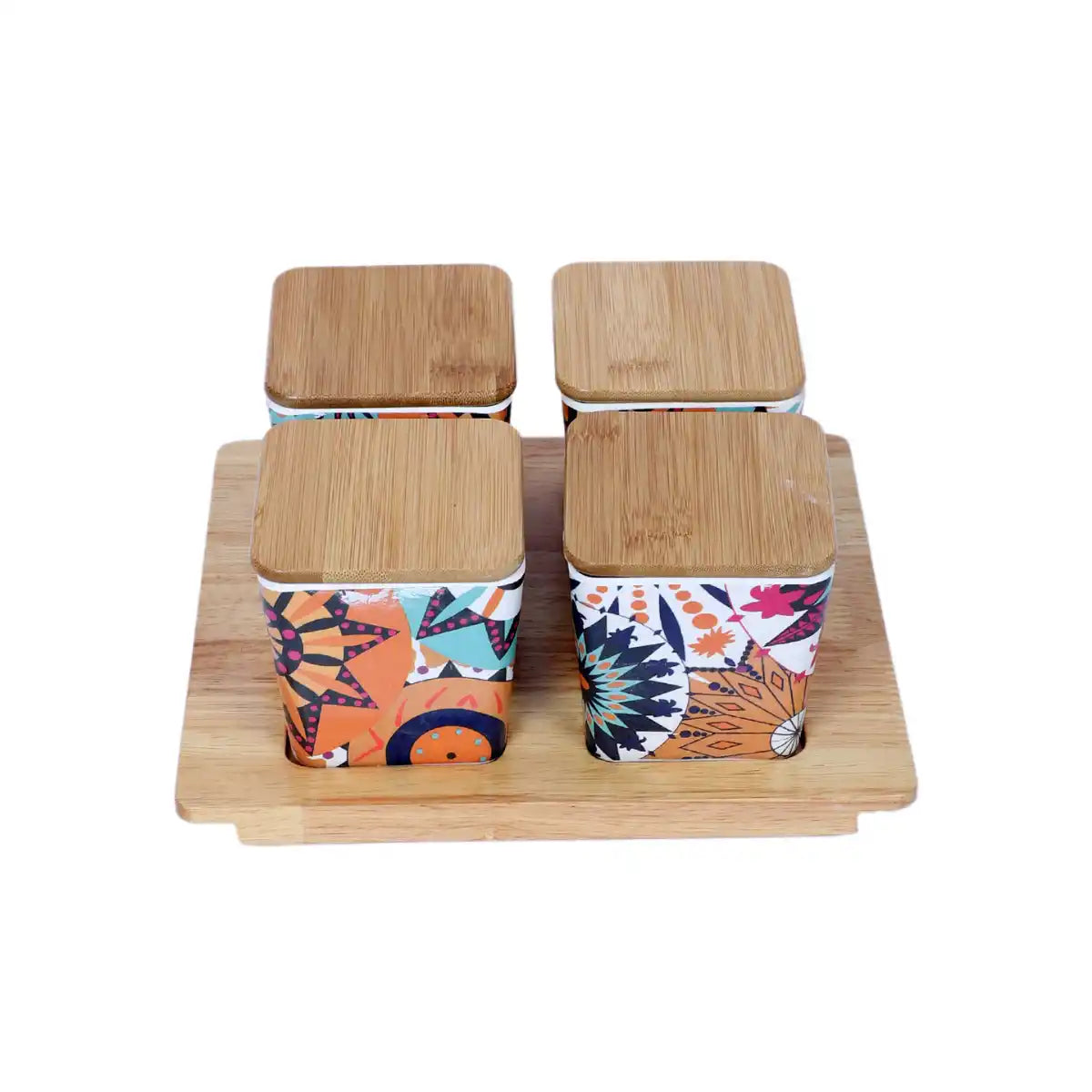 Moroccan Melamine Sleek Canister Gift Set with Wooden Lids and Tray | 4-Piece Kitchen Storage Collection