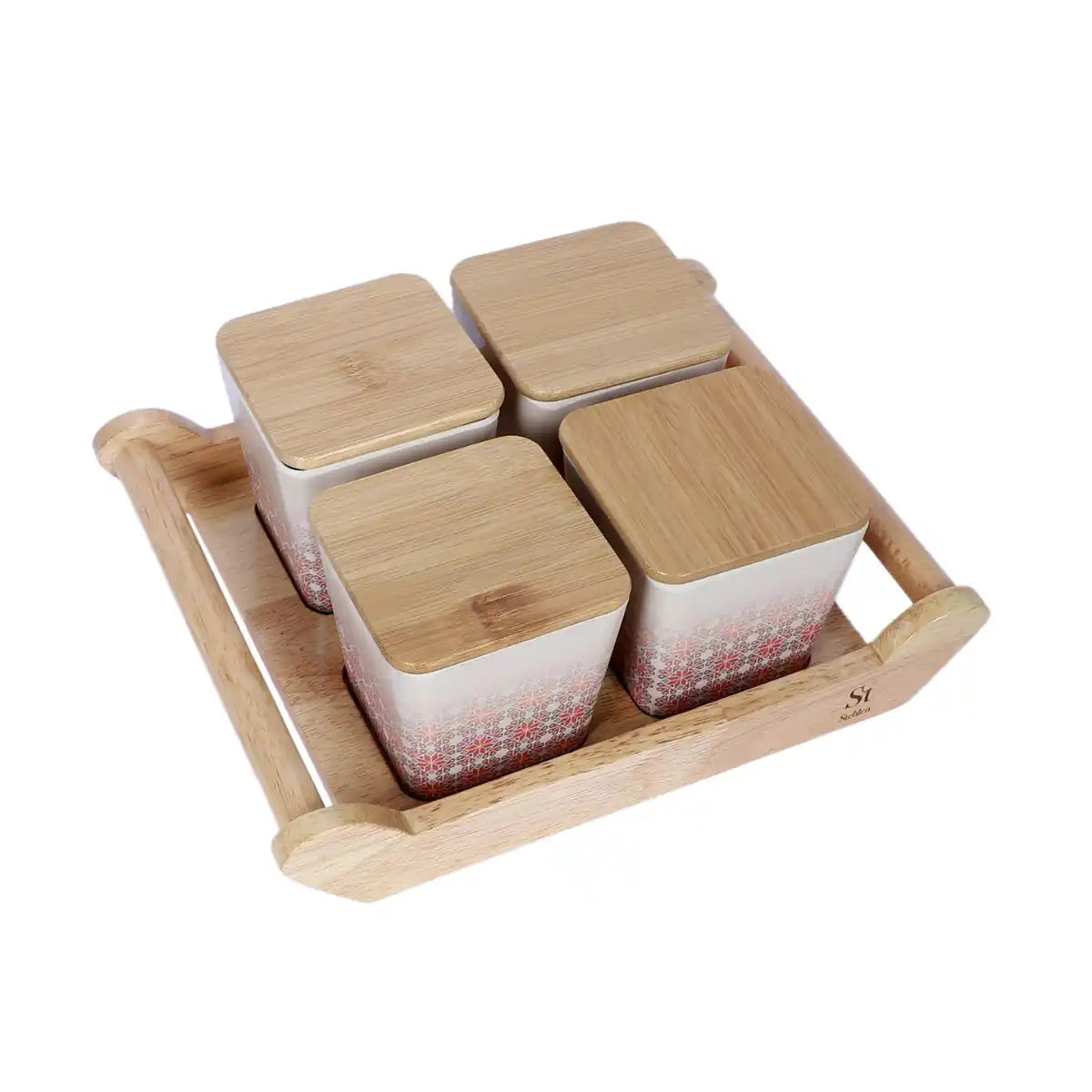 Red Ikkat Melamine Sleek Canister Gift Set with Wooden Lids and Designer Tray | 4-Piece Storage Collection