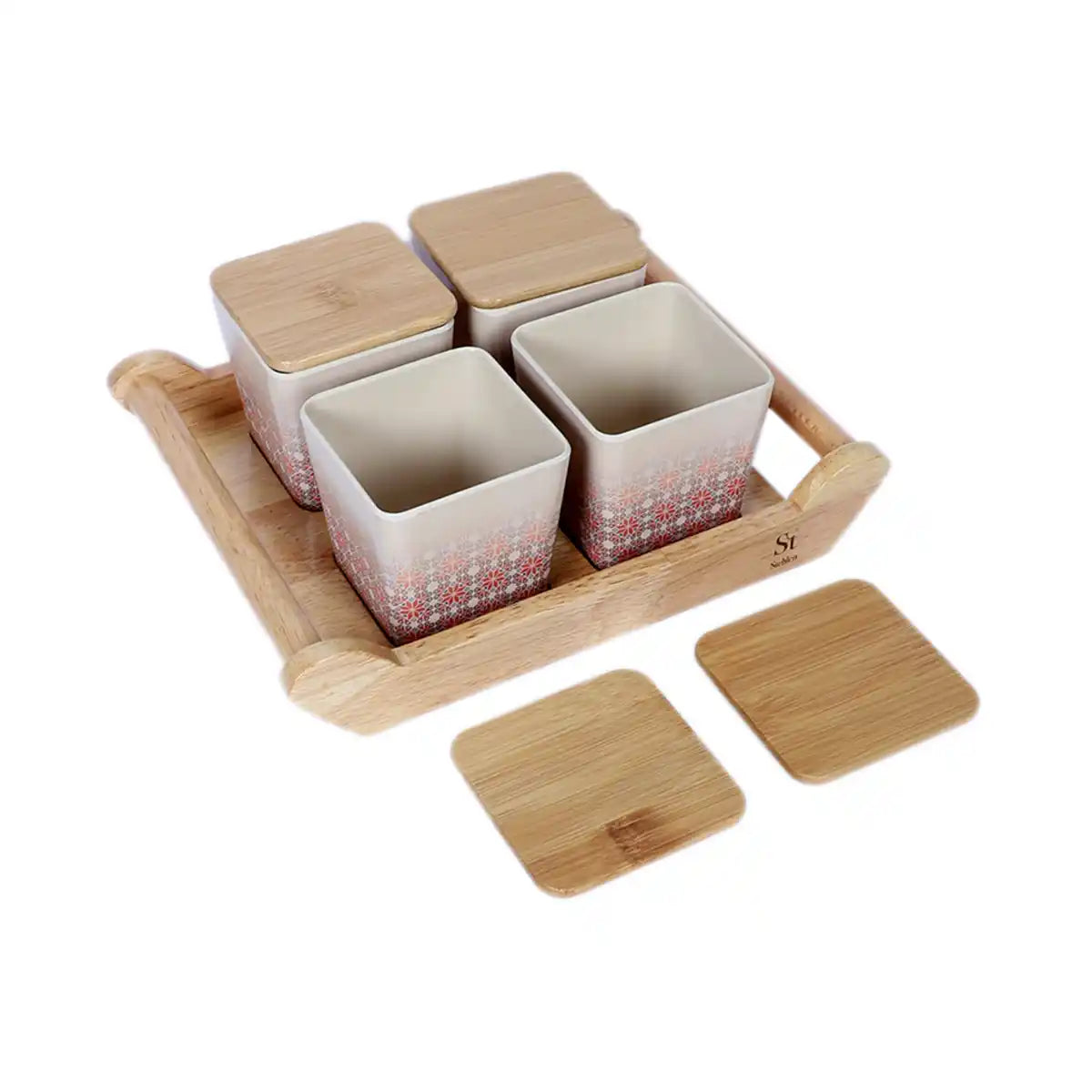Red Ikkat Melamine Sleek Canister Gift Set with Wooden Lids and Designer Tray | 4-Piece Storage Collection