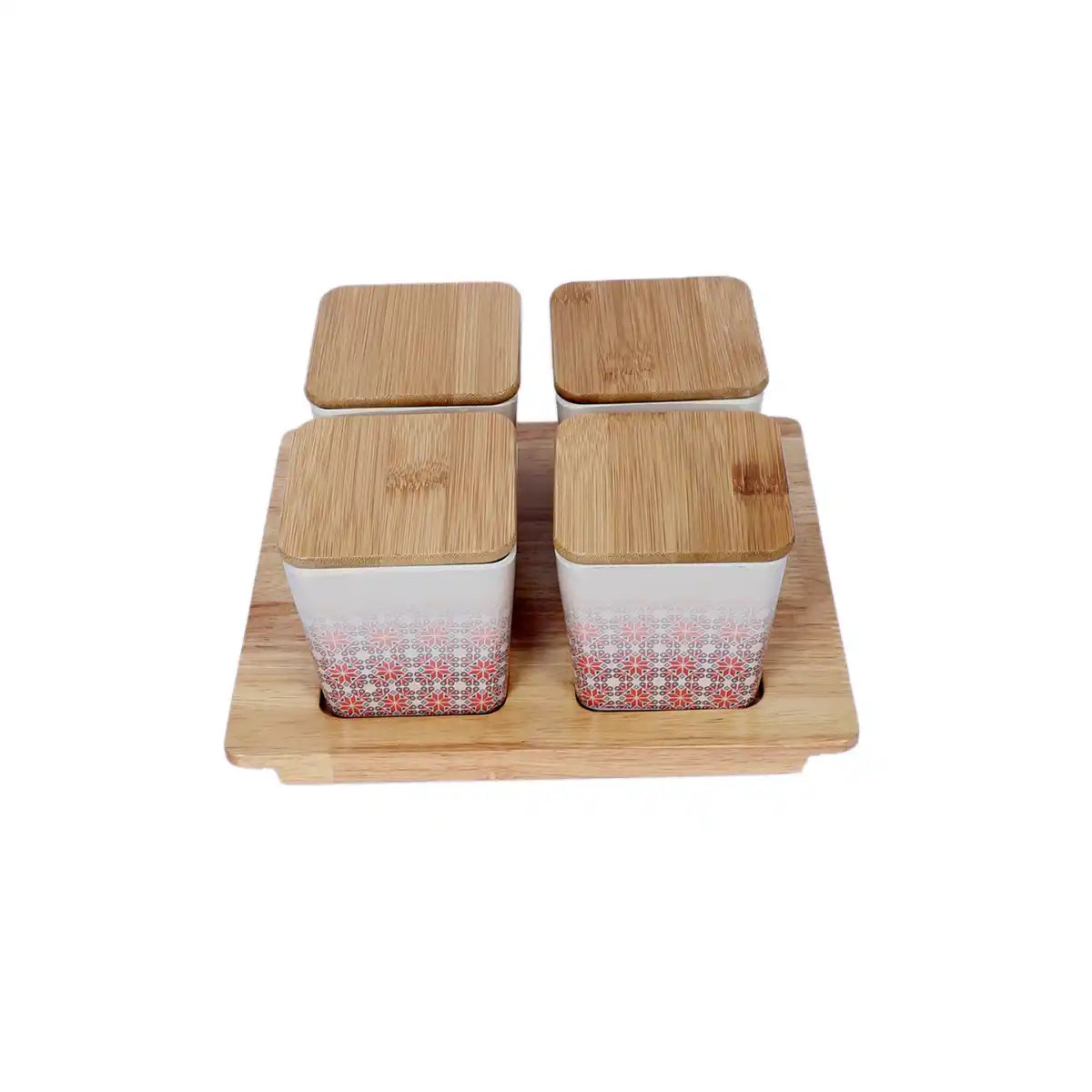 Red Ikkat Melamine Sleek Canister Gift Set with Wooden Lids and Designer Tray | 4-Piece Storage Collection