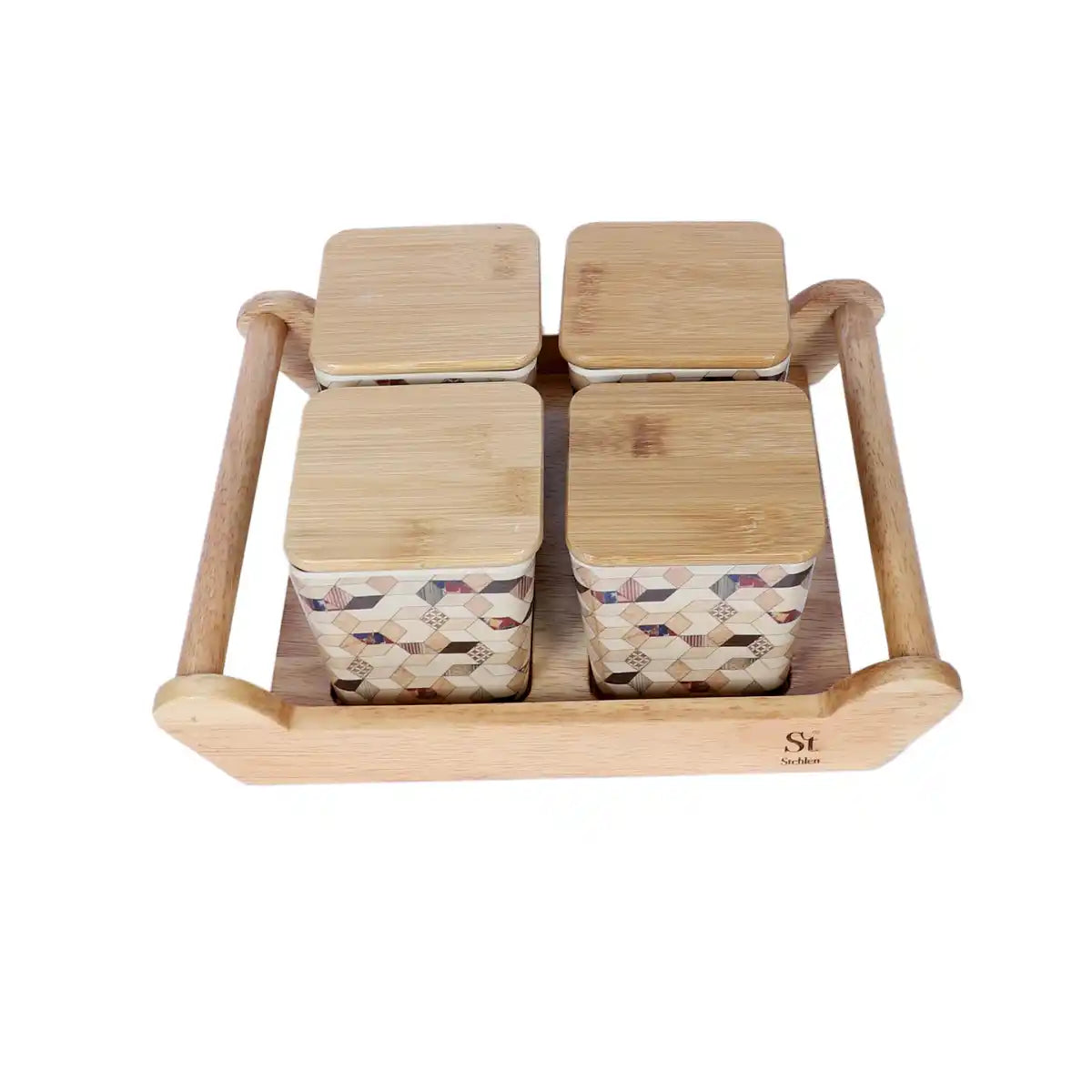 Wooden Diamond Melamine Sleek Canister Gift Set with Wooden Lids and Designer Tray | 4-Piece Storage Collection