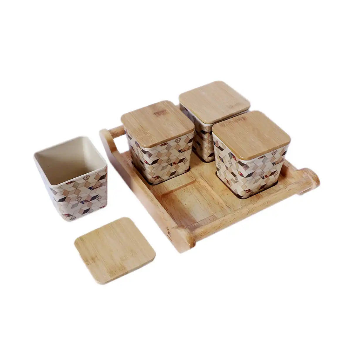 Wooden Diamond Melamine Sleek Canister Gift Set with Wooden Lids and Designer Tray | 4-Piece Storage Collection