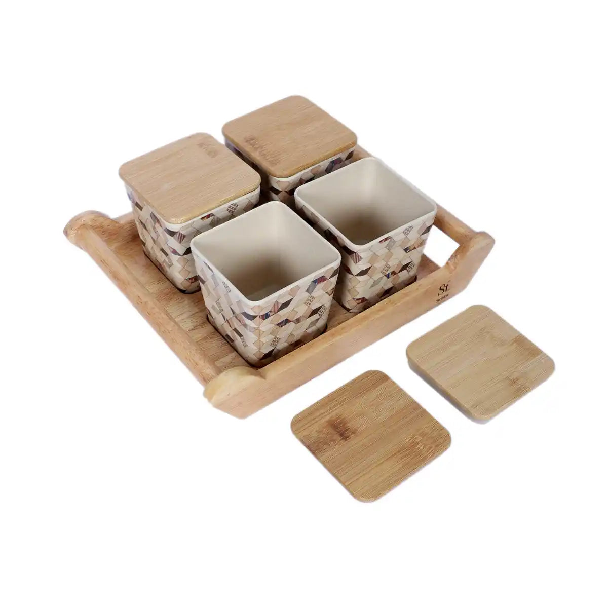 Wooden Diamond Melamine Sleek Canister Gift Set with Wooden Lids and Designer Tray | 4-Piece Storage Collection