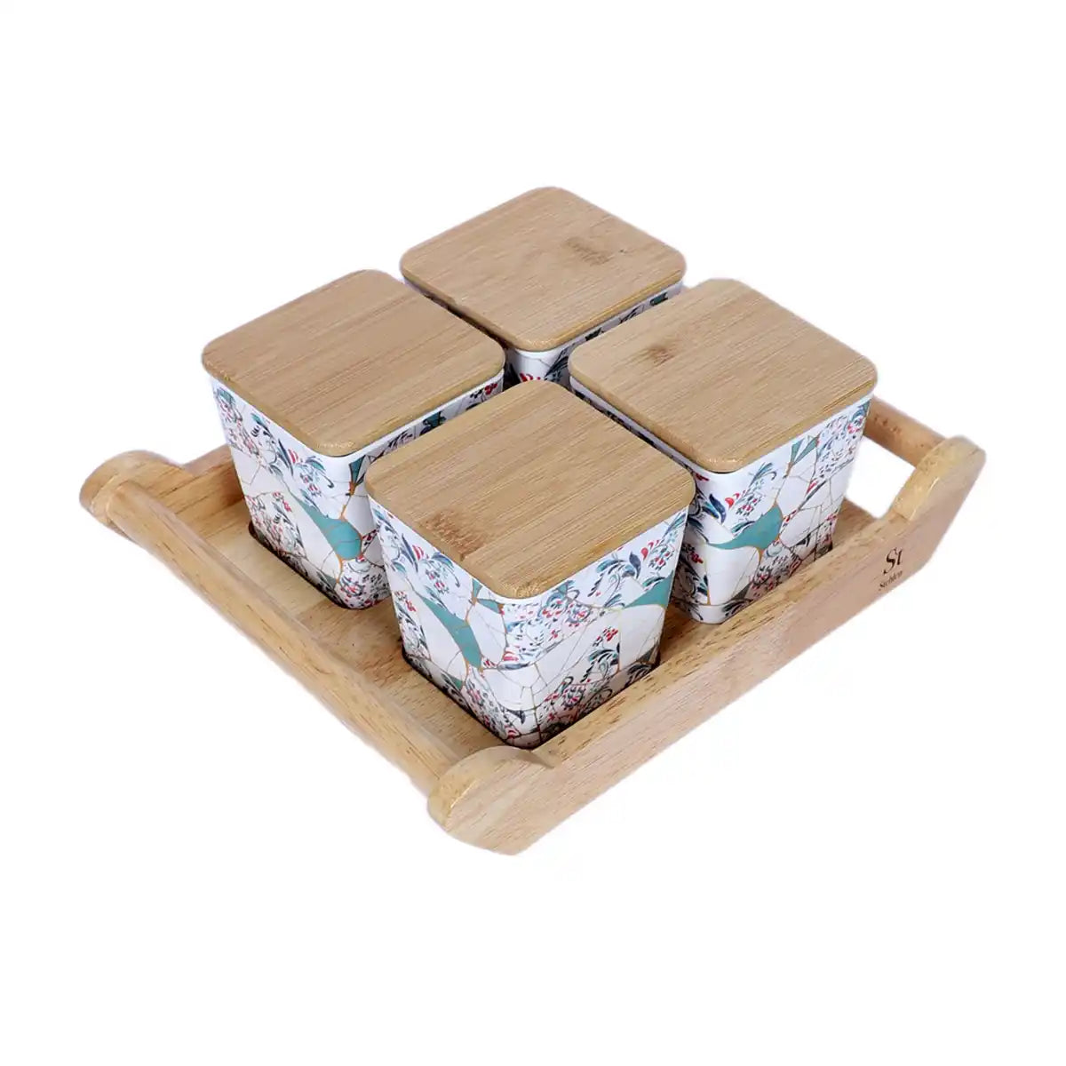 Zest Melamine Sleek Canister Gift Set with Wooden Lids and Designer Tray | 4-Piece Storage Collection