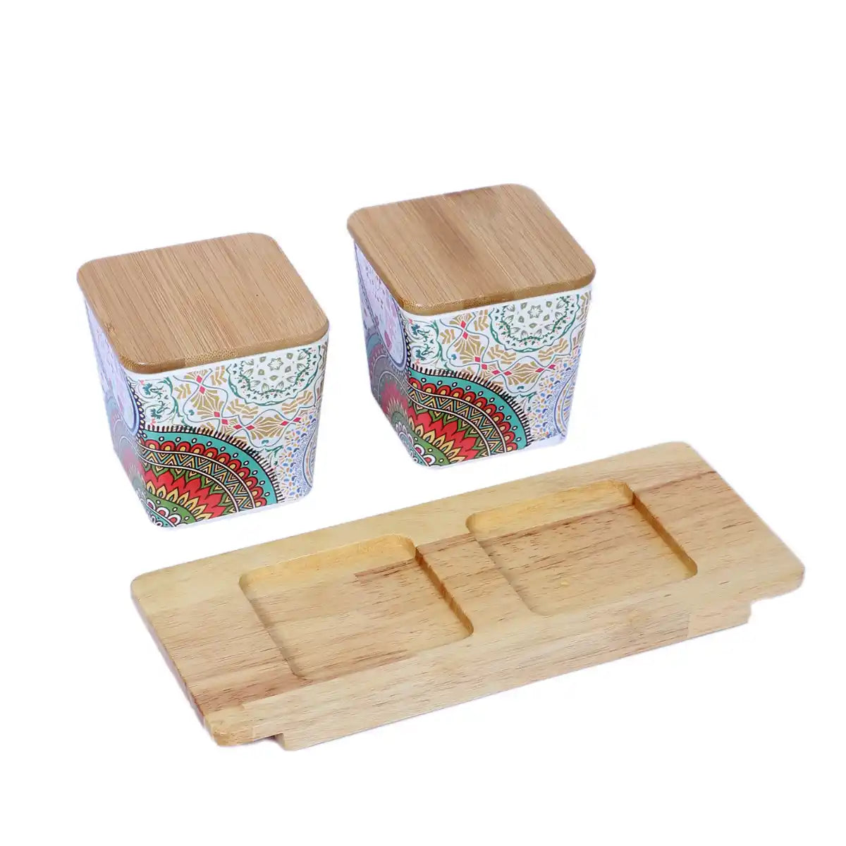 Ikkat Melamine Canister Gift Set with Wooden Lids and Tray | 2-Piece Kitchen Storage Collection