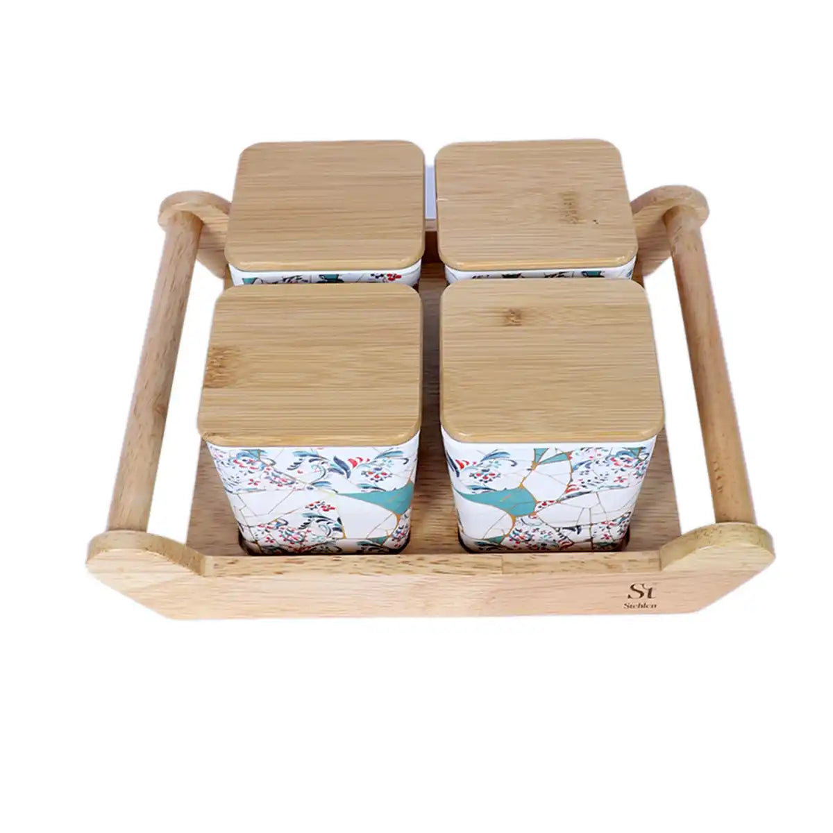 Zest Melamine Sleek Canister Gift Set with Wooden Lids and Designer Tray | 4-Piece Storage Collection