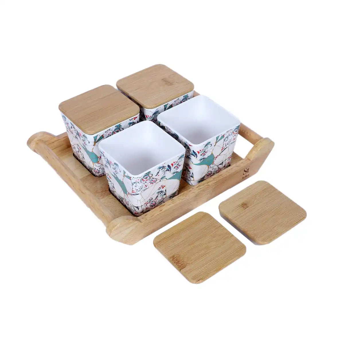 Zest Melamine Sleek Canister Gift Set with Wooden Lids and Designer Tray | 4-Piece Storage Collection