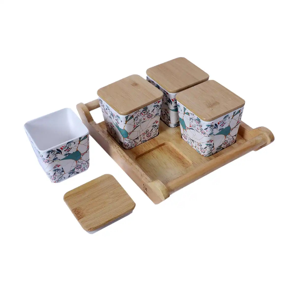 Zest Melamine Sleek Canister Gift Set with Wooden Lids and Designer Tray | 4-Piece Storage Collection