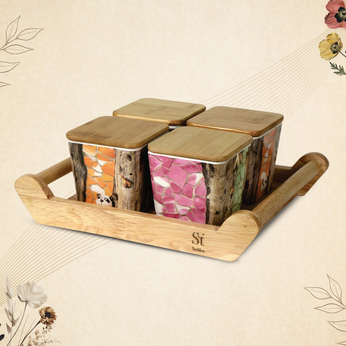 Stehlen 100% Pure melamine 4 pcs wooden lid canister set with wooden tray,SET OF 5- American Pine