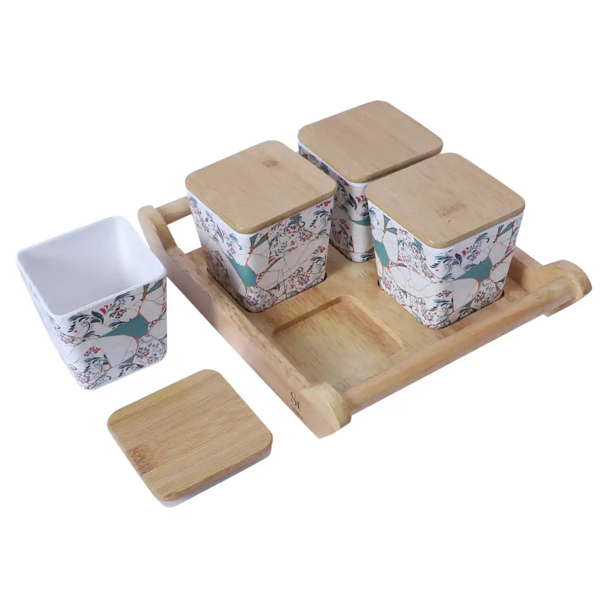 Zest Melamine Canister Gift Set with Wooden Lids and Wooden Tray | 4-Piece Storage Collection