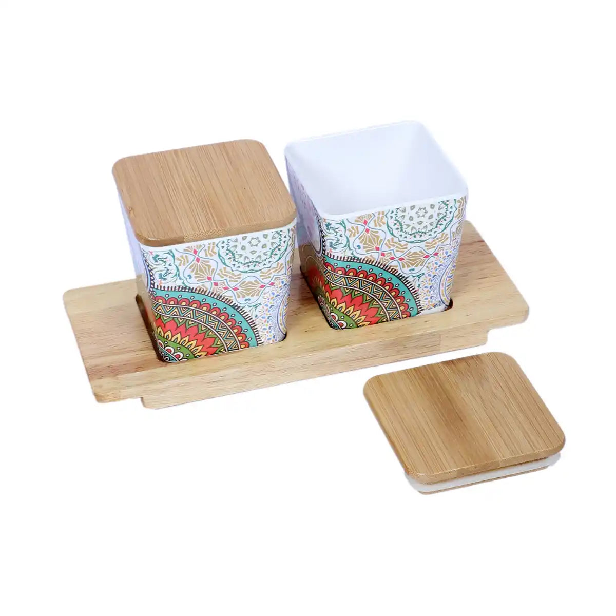 Ikkat Melamine Canister Gift Set with Wooden Lids and Tray | 2-Piece Kitchen Storage Collection
