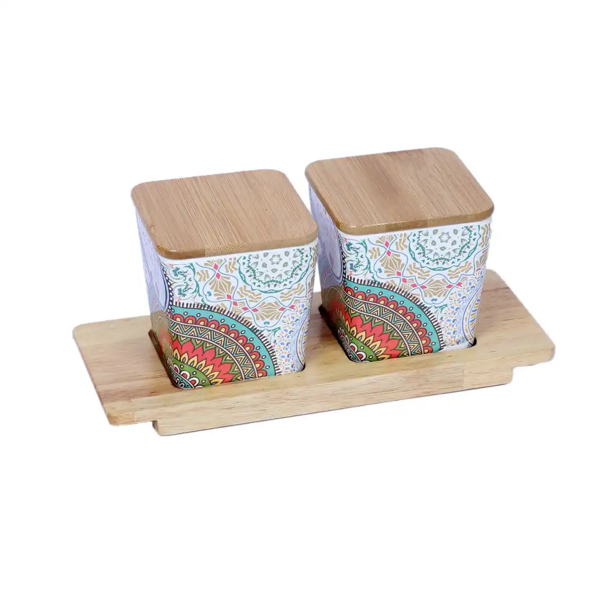 Ikkat Melamine Canister Gift Set with Wooden Lids and Tray | 2-Piece Kitchen Storage Collection
