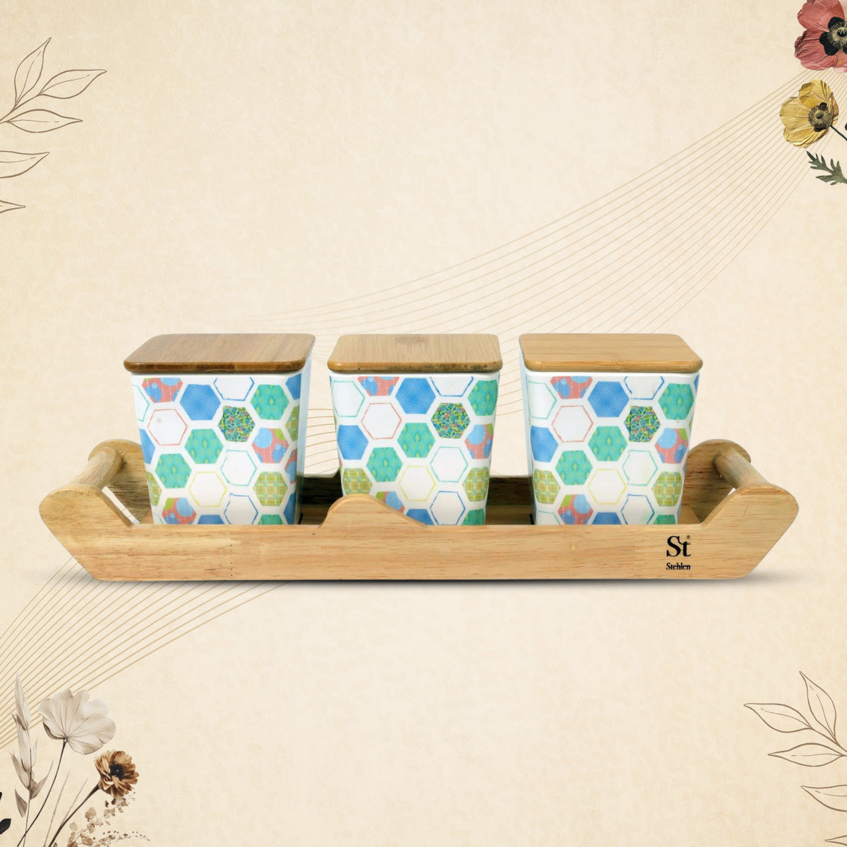 Stehlen 100% Pure melamine 3 pcs wooden lid canister set with wooden tray- Hive