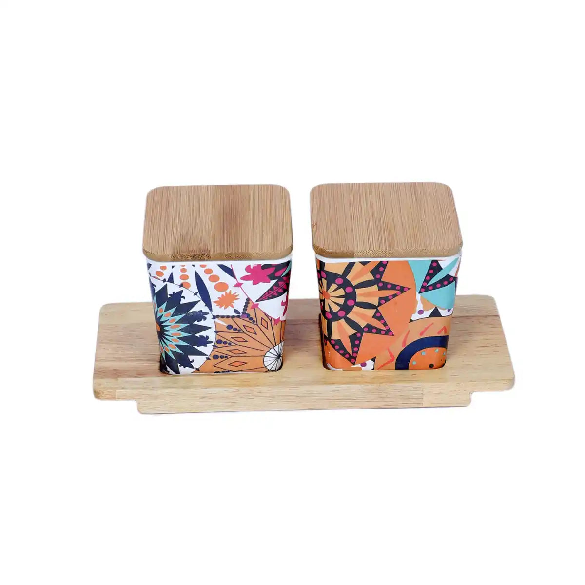 Moroccan Melamine Canister Gift Set with Wooden Lids and Tray | 2-Piece Kitchen Storage Collection