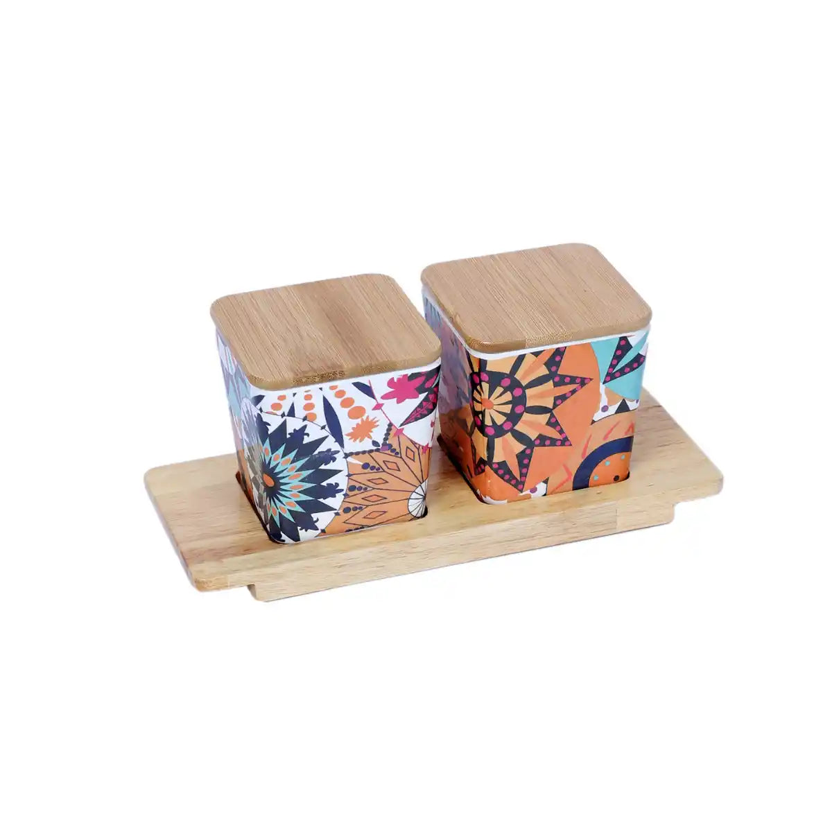 Moroccan Melamine Canister Gift Set with Wooden Lids and Tray | 2-Piece Kitchen Storage Collection