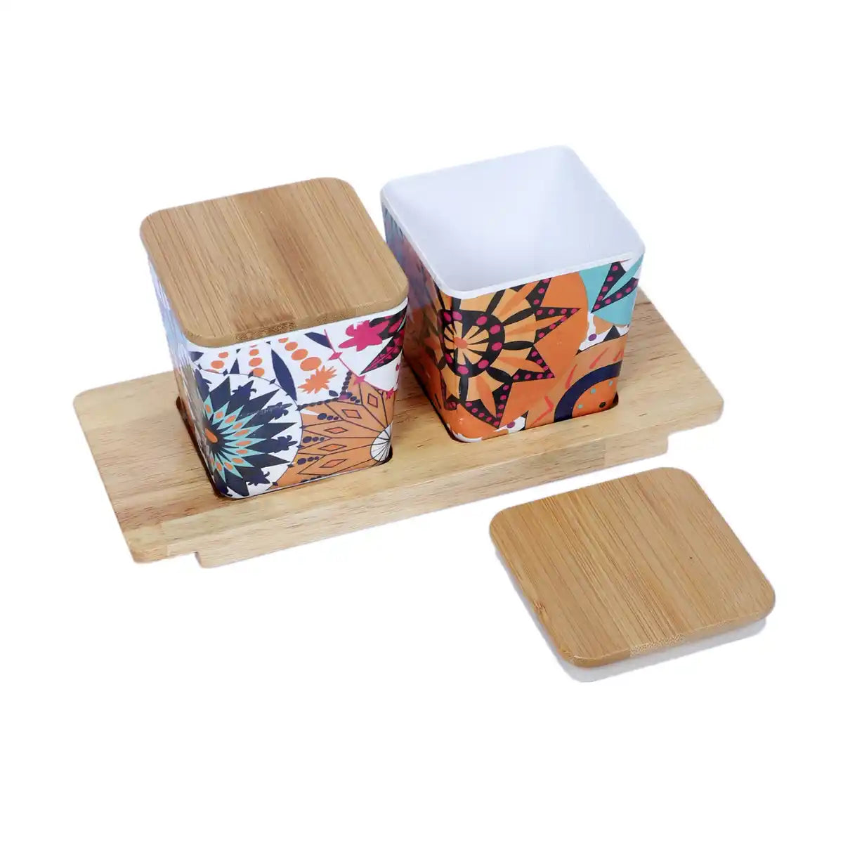 Moroccan Melamine Canister Gift Set with Wooden Lids and Tray | 2-Piece Kitchen Storage Collection