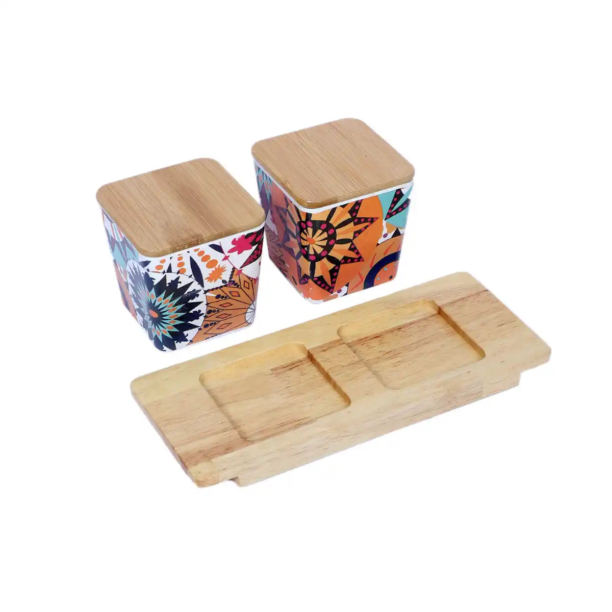 Moroccan Melamine Canister Gift Set with Wooden Lids and Tray | 2-Piece Kitchen Storage Collection