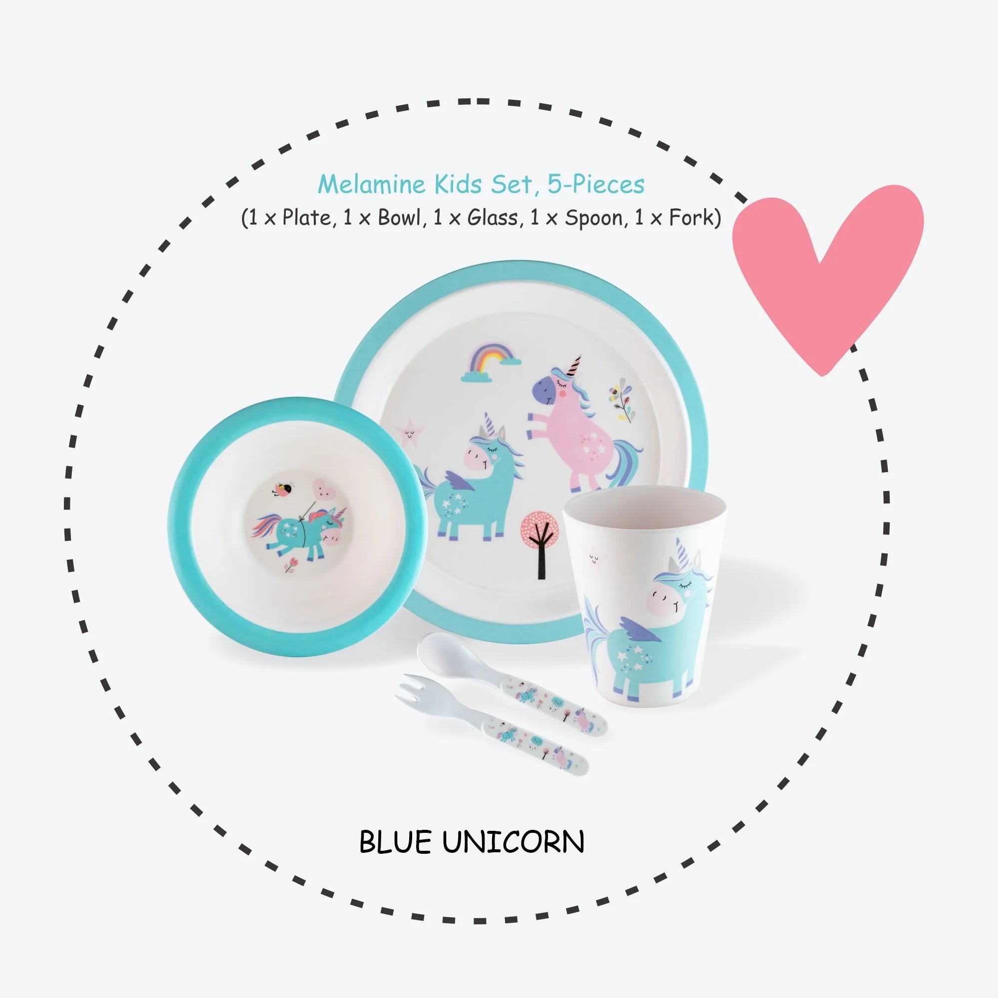 Stehlen set of 5 pcs kids feeding set, Pure melamine, BLUE UNICORN