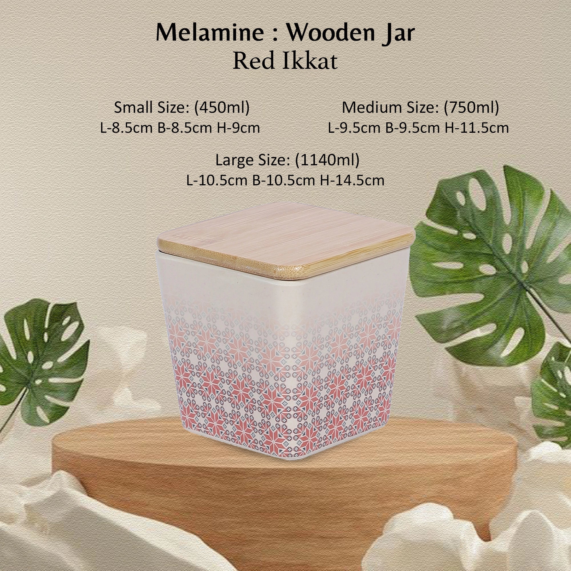 Stehlen 100% Pure melamine Set Of 3 Wooden Jars- RED IKKAT