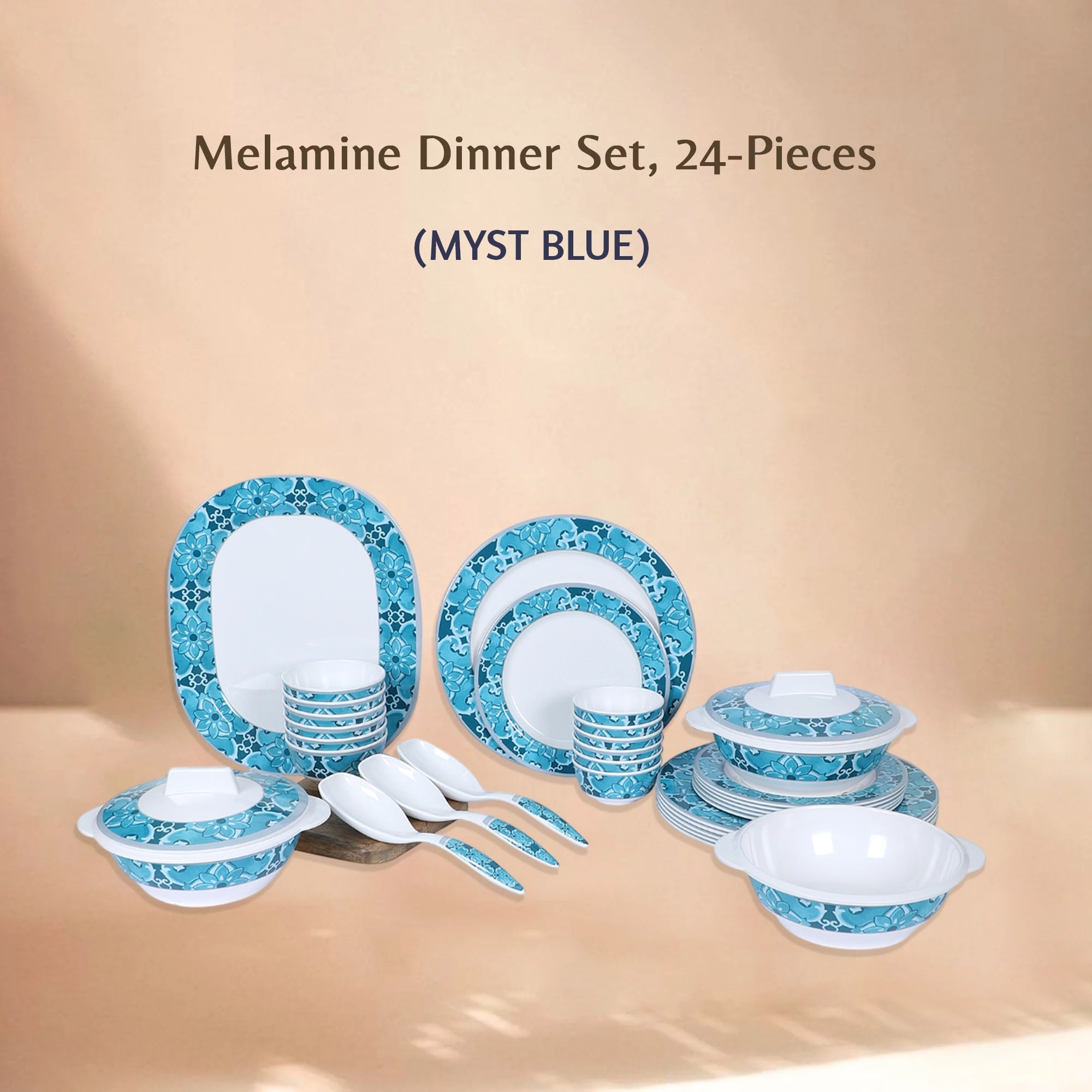 Stehlen Dinnerware, Pure melamine, Vintage, 24 Piece Kitchen Set for home-  MYST BLUE