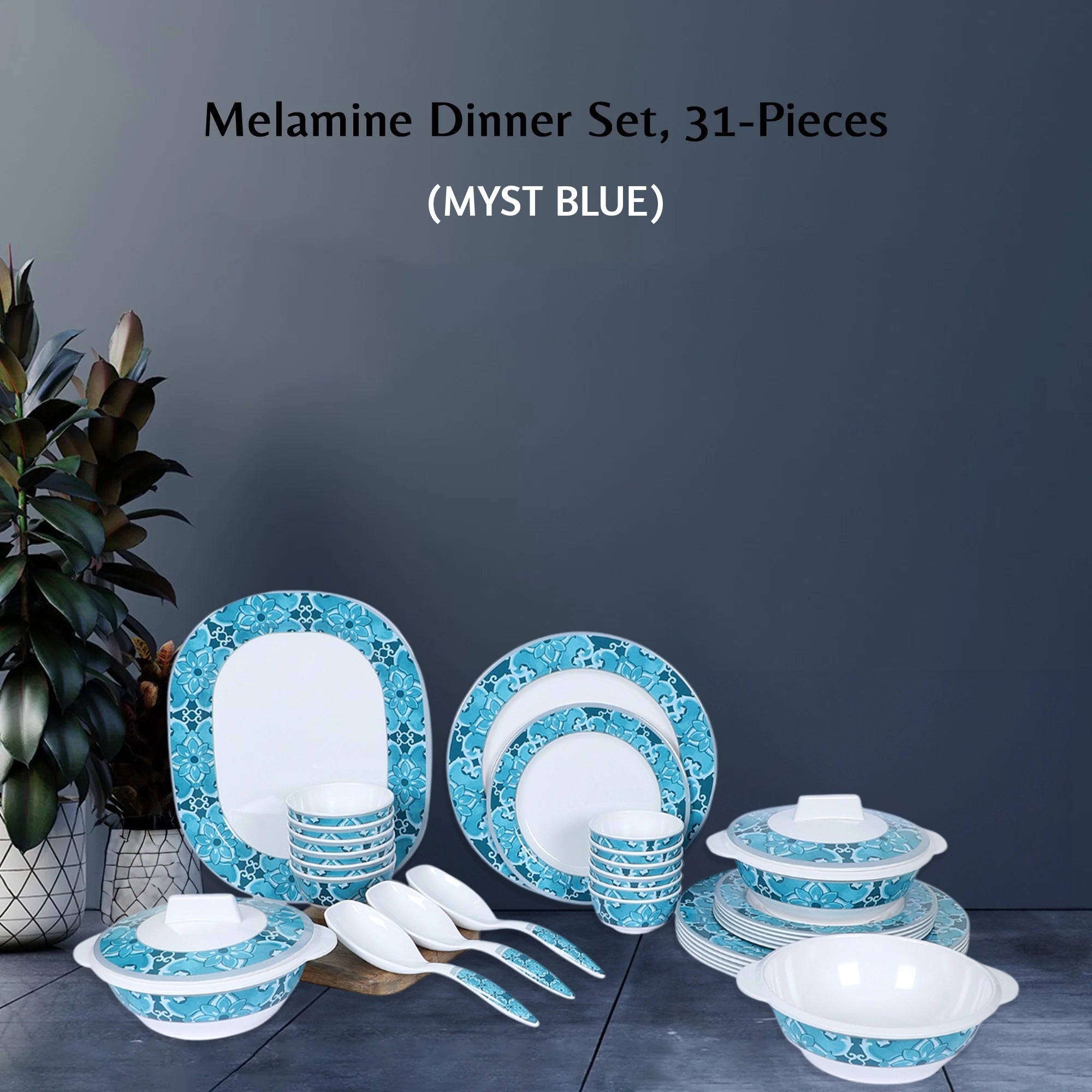 Stehlen Dinnerware, Pure melamine, Vintage, 31 Piece Kitchen Set for home- MYST BLUE