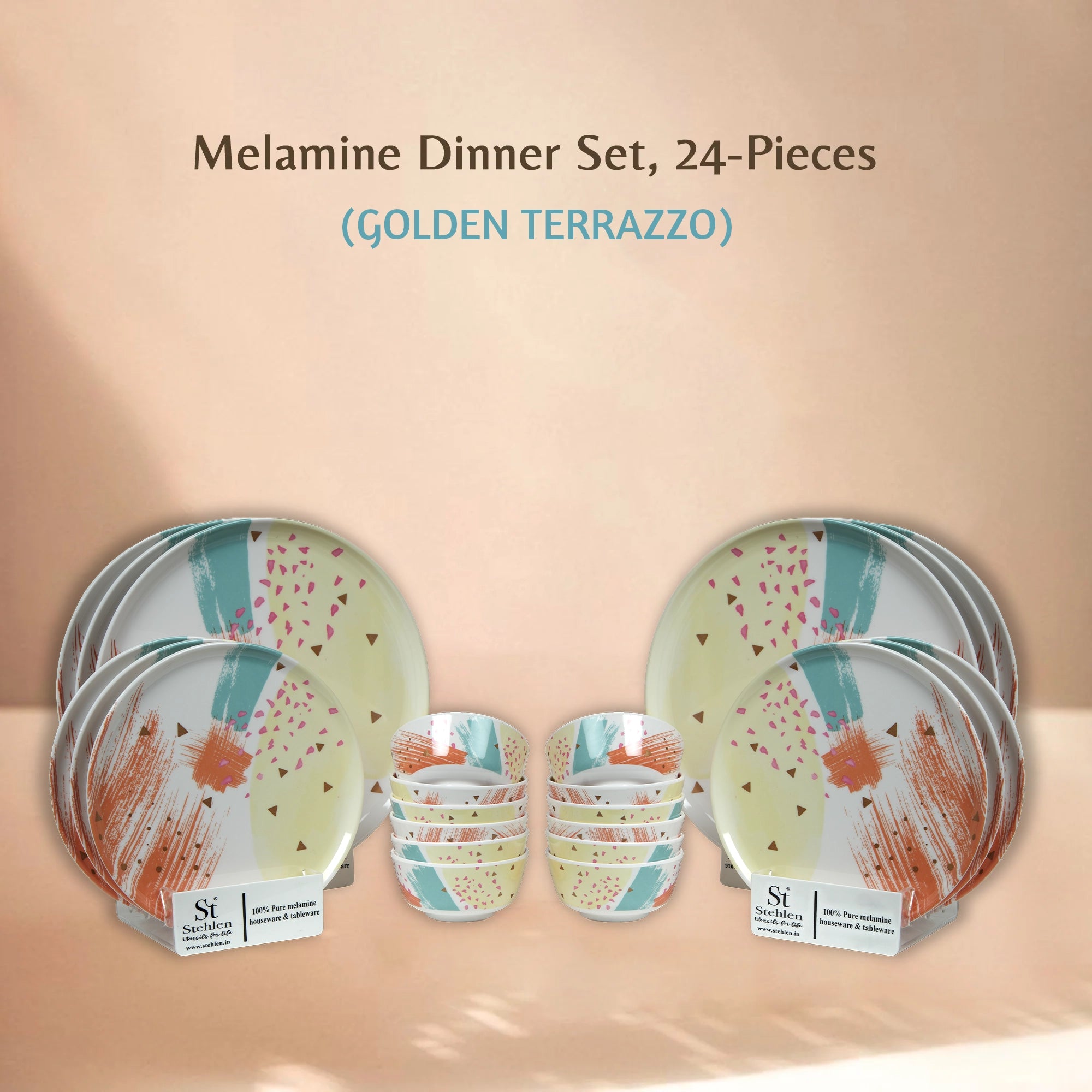 Stehlen Donna Glossy Dinnerware, Pure melamine, 24 Piece - GOLDEN TERRAZZO