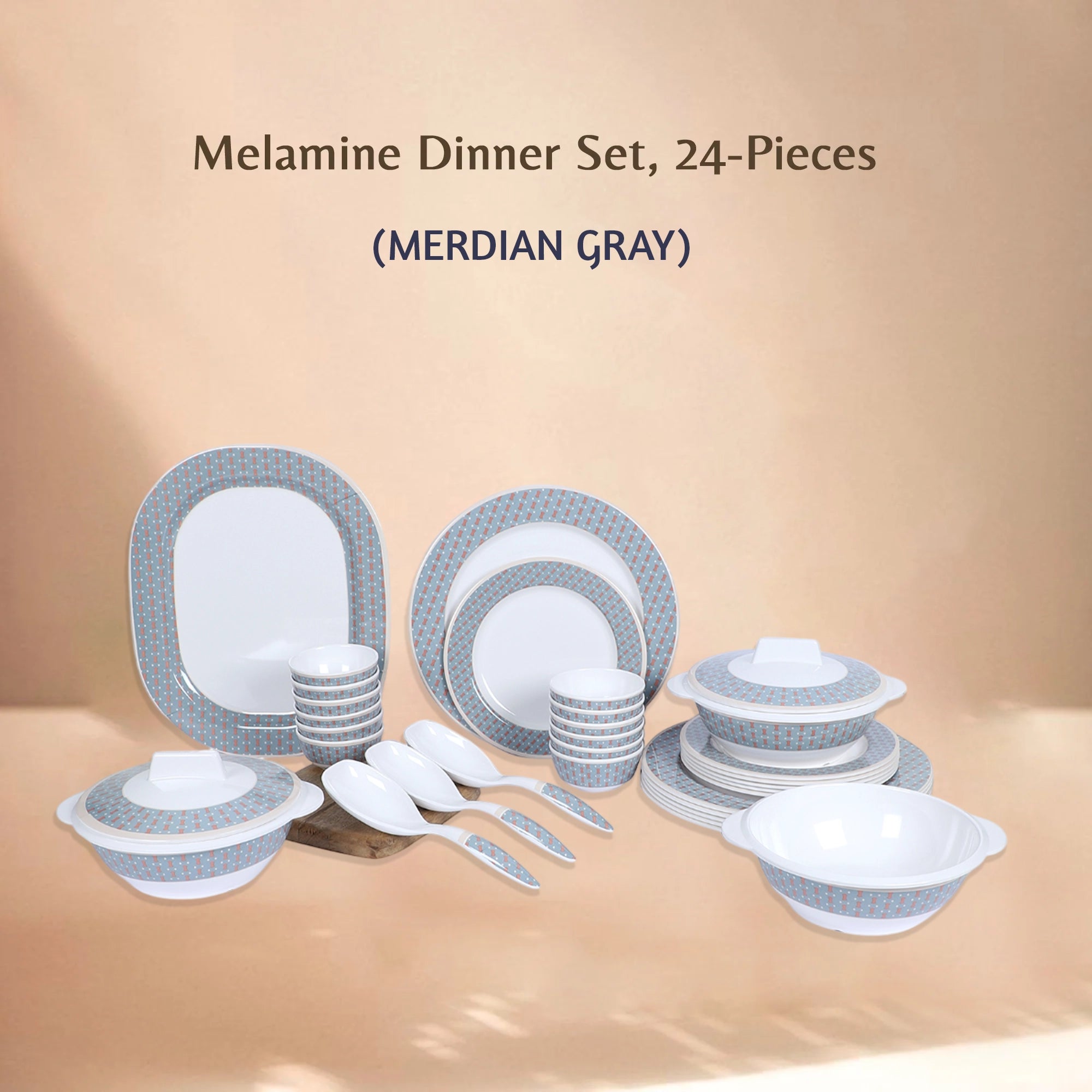Stehlen Dinnerware, Pure melamine, Vintage, 24 Piece Kitchen Set for home- MERDIAN GRAY