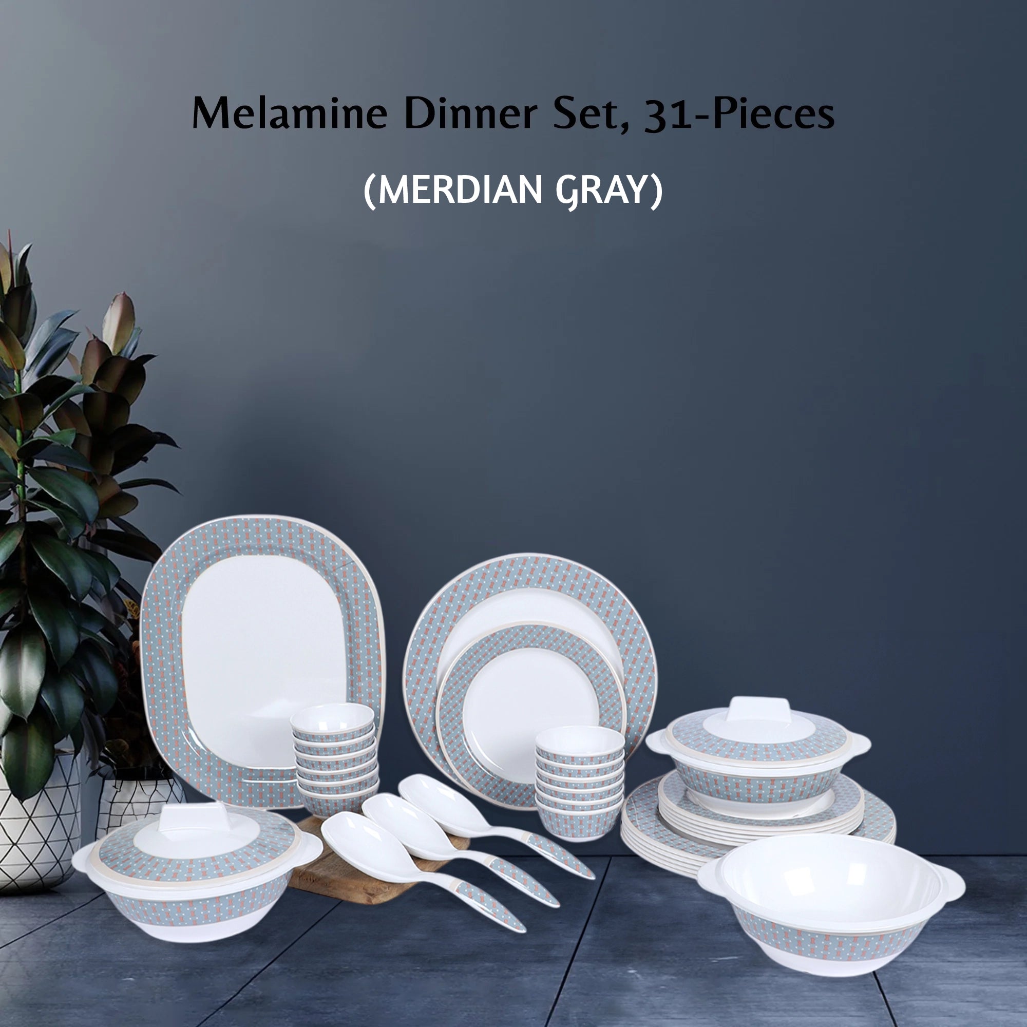 Stehlen Dinnerware, Pure melamine, Vintage, 31 Piece Kitchen Set for home-  MERDIAN GRAY