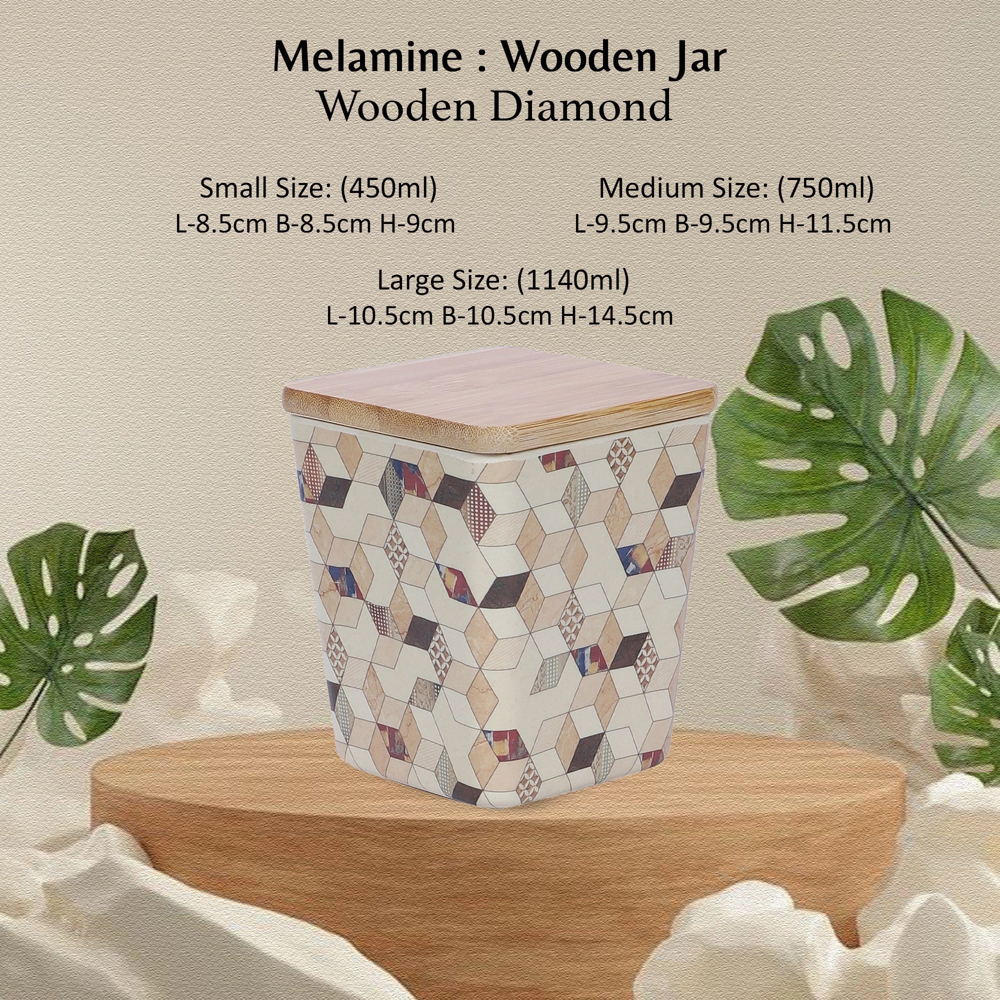 Stehlen 100% Pure melamine Set Of 3 Wooden Jars- WOODEN DIAMOND