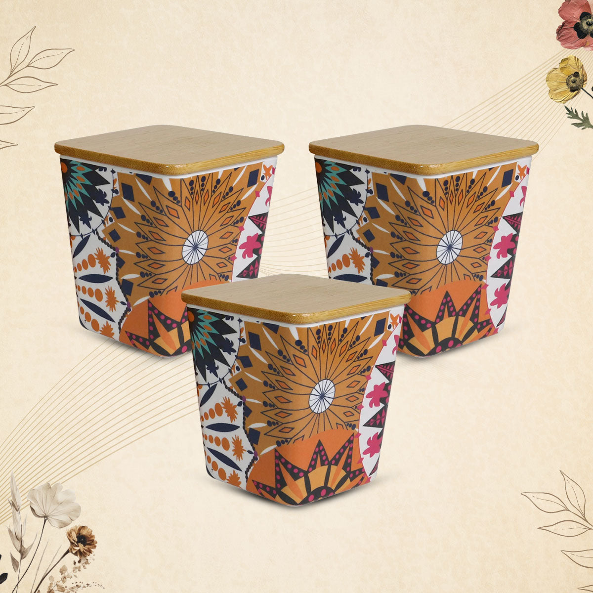 Stehlen 100% Pure melamine Set Of 3 Wooden Jars- Moroccan