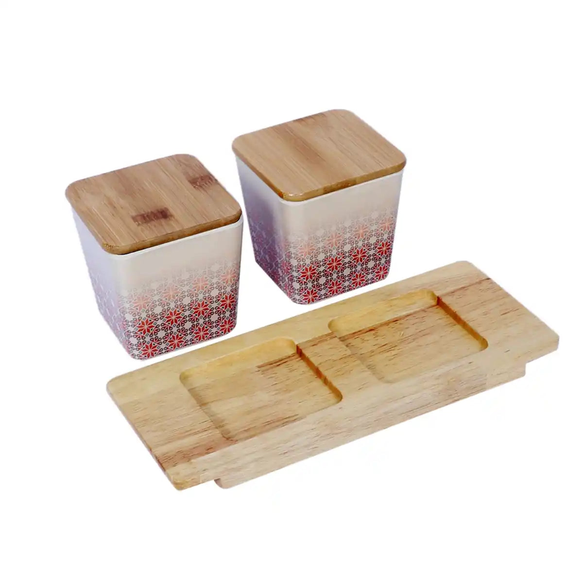Red Ikkat Melamine Canister Gift Set with Wooden Lids and Tray | 2-Piece Kitchen Storage Collection