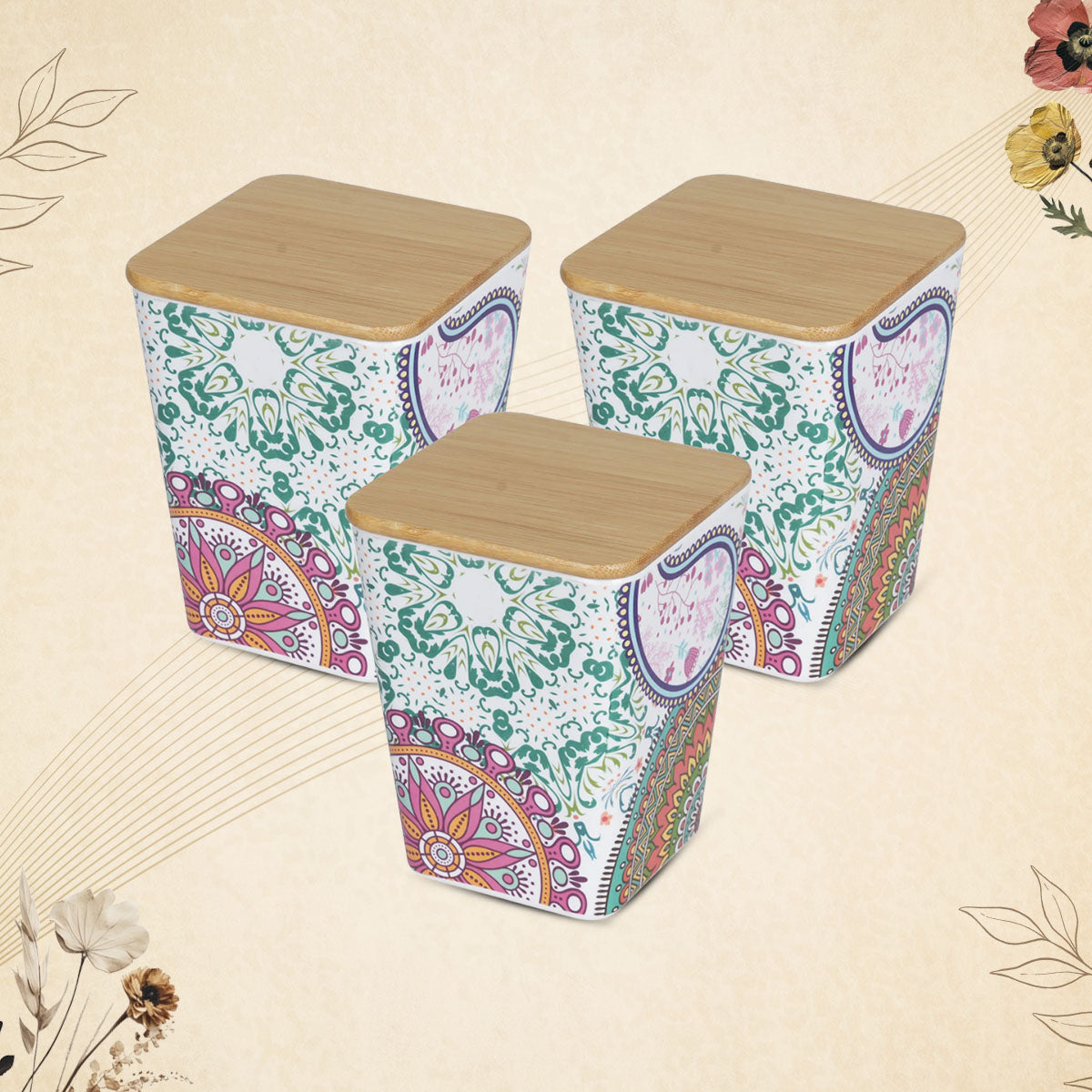 Stehlen 100% Pure melamine Set Of 3 Wooden Jars- Ikkat