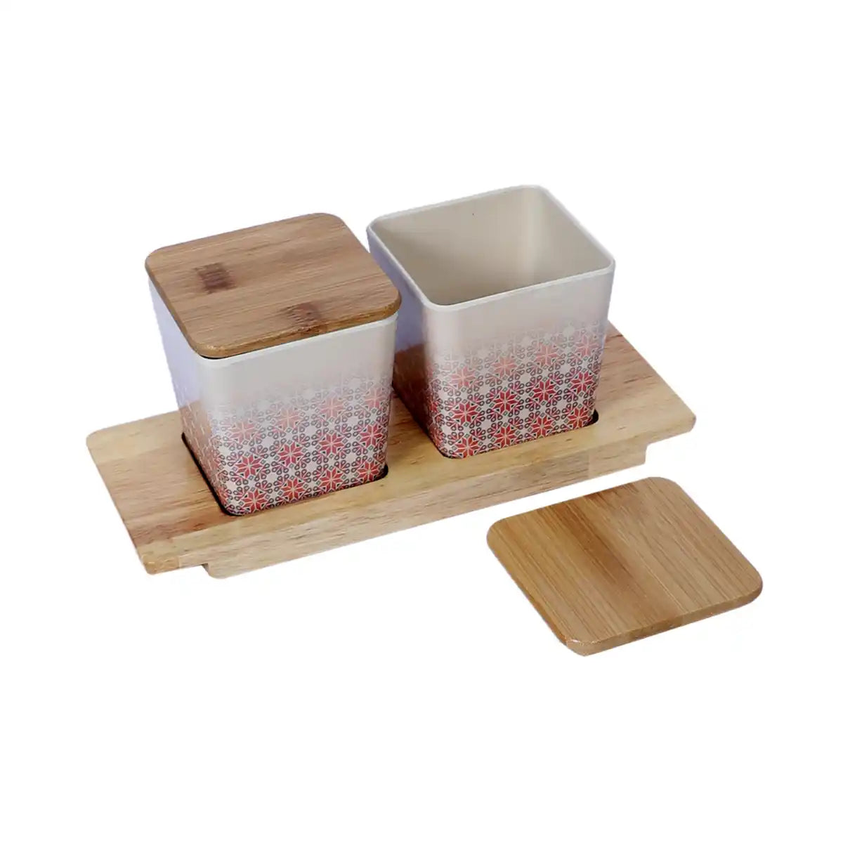 Red Ikkat Melamine Canister Gift Set with Wooden Lids and Tray | 2-Piece Kitchen Storage Collection