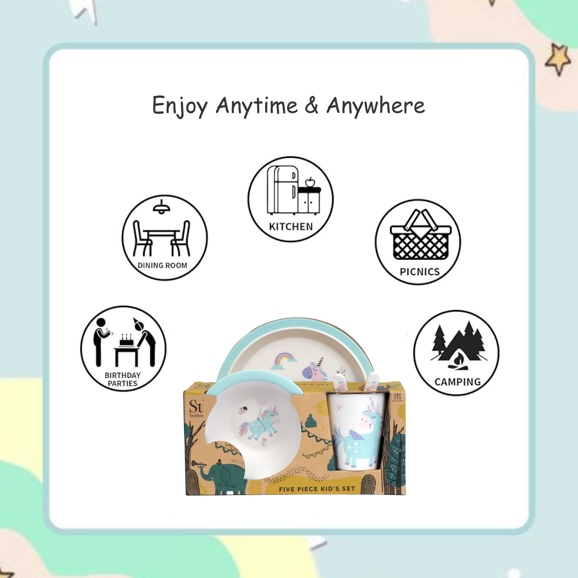 Stehlen set of 5 pcs kids feeding set, Pure melamine, BLUE UNICORN