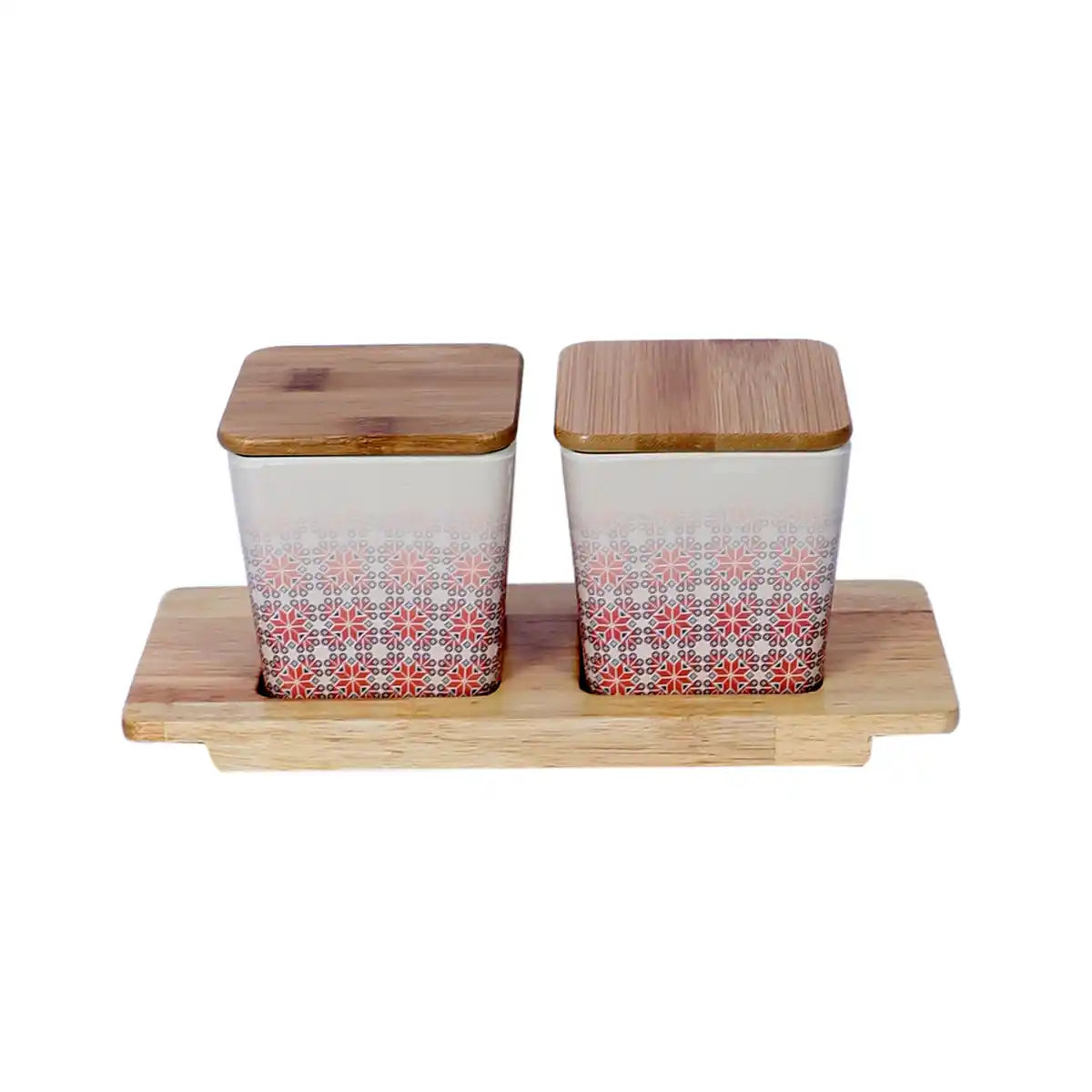 Red Ikkat Melamine Canister Gift Set with Wooden Lids and Tray | 2-Piece Kitchen Storage Collection