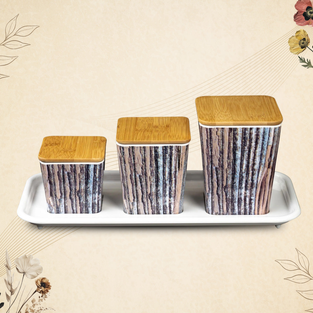 Stehlen 100% Pure melamine 3 pcs wooden lid canister set with melamine tray, SET OF 4- Wooden