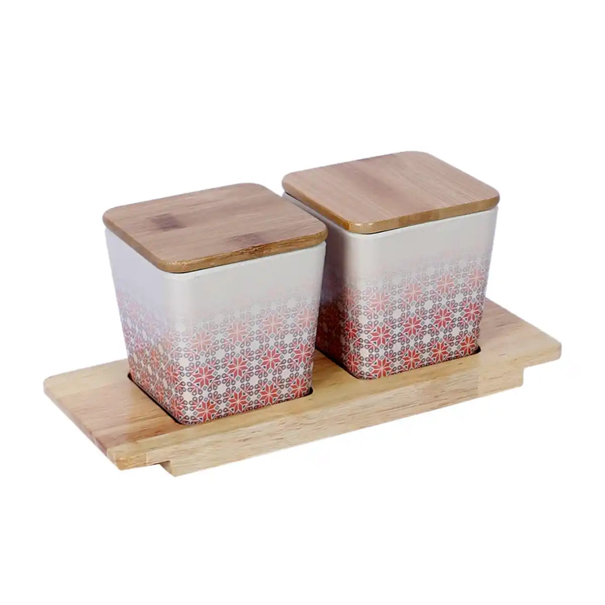Red Ikkat Melamine Canister Gift Set with Wooden Lids and Tray | 2-Piece Kitchen Storage Collection